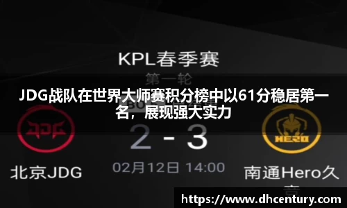 JDG战队在世界大师赛积分榜中以61分稳居第一名，展现强大实力